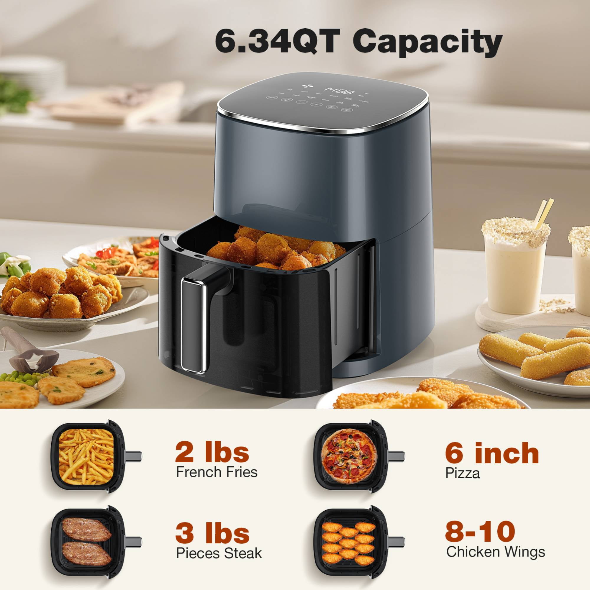 Air Fryer 6 Quart 12-in-1 Digital Airfryer with Clear Window, Roast, Reheat, Dehydrate, Bake 400F Precise Heat, with Nonstick & Dishwasher Safe Basket, Grey