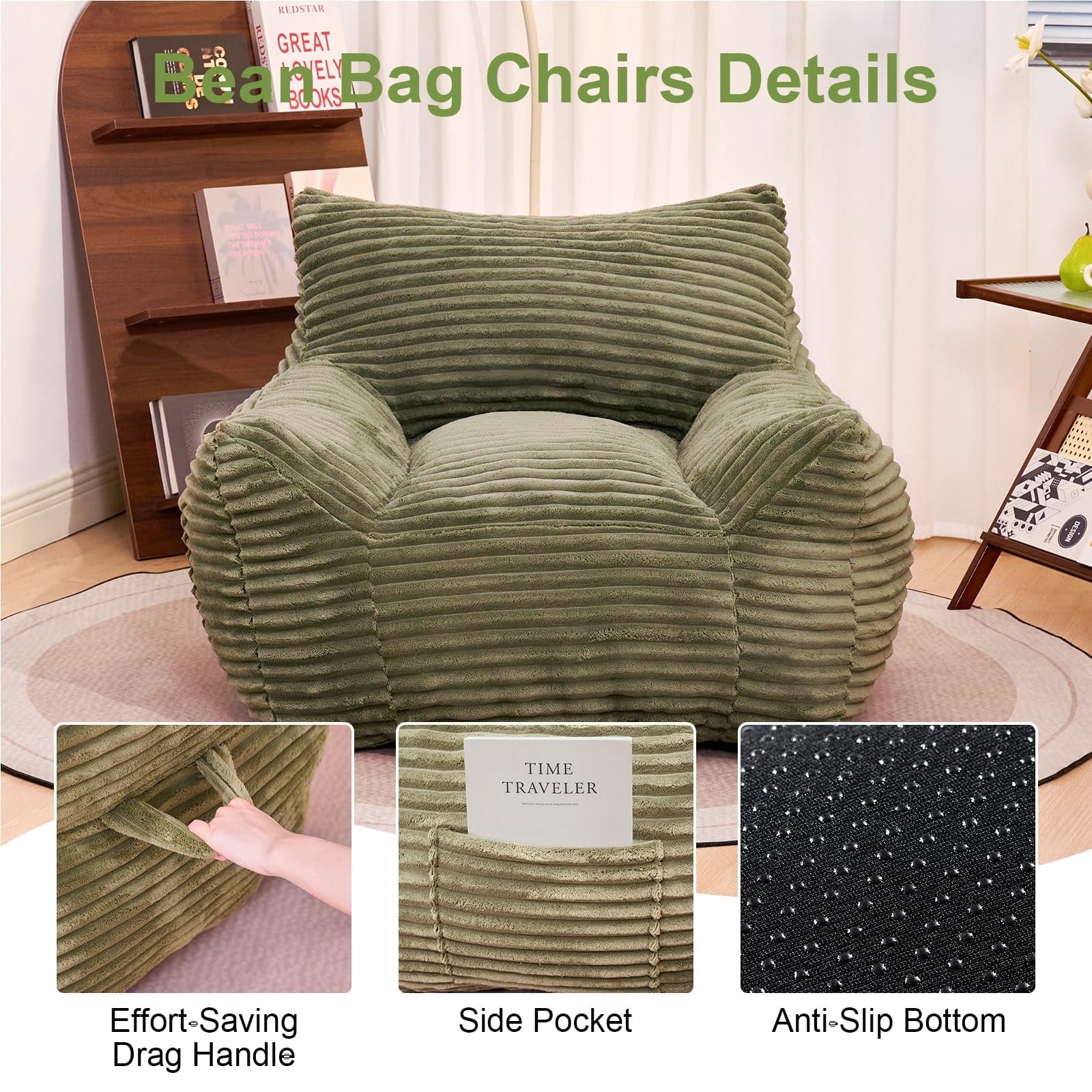 Peispie Giant Bean Bag Chair for Adults, Wide Seat Comfy Corduroy Floor Sofa with Armrests, Shredded Memory Foam Lazy Lounger, Oversized Gaming & Reading Chair for Bedroom 400LBS, Green