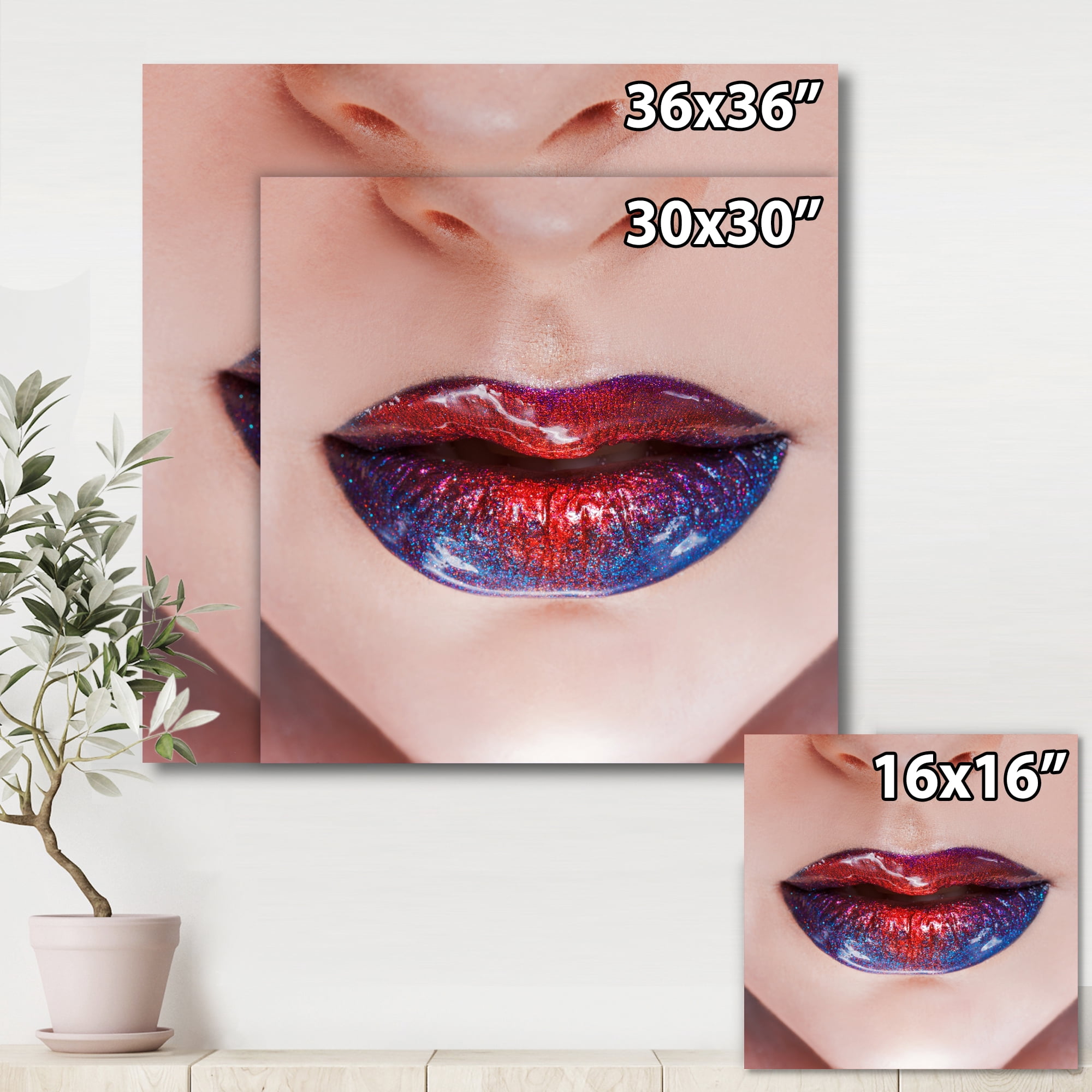 Designart ' Beautiful Women Lips With Red and Blue Lipstick ' Modern Canvas Wall Art Print