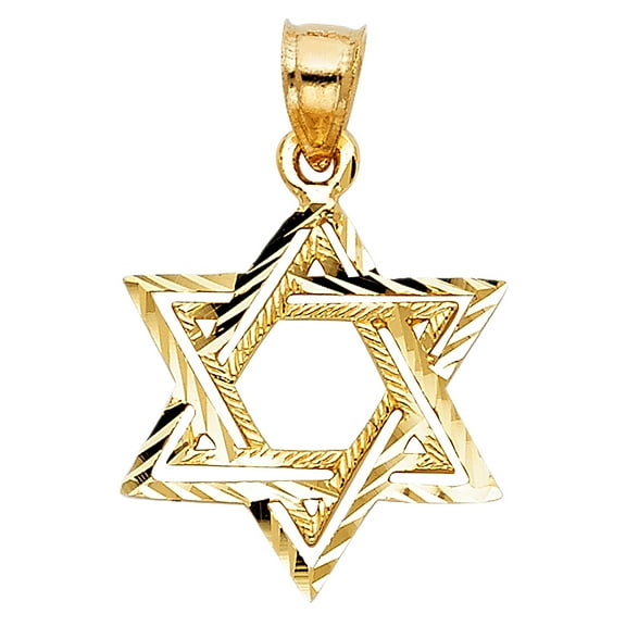 Wellingsale 14K Yellow Gold Polished Diamond Cut Ornate Religious Star of David Charm Pendant