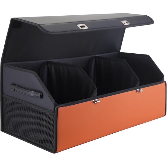 Leather Trunk Organizer for SUV - Large Car Trunk Storage Organizer with Lid and 2 Removable Dividers, Foldable Car Organizers and Storage Box for Sedan with 2 Metal Locking Clasps Black.