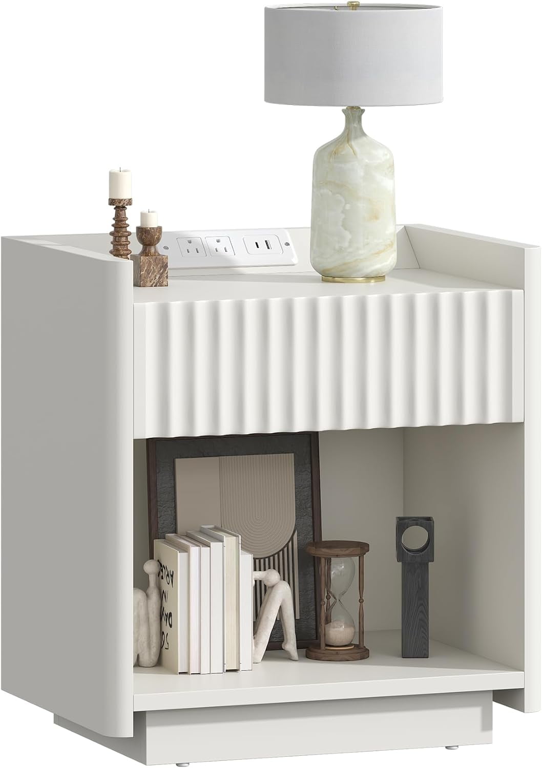 Winkalon Fluted Nightstands for Bedroom, Farmhouse Bedside Tables with Drawer & Open Shelf, Wood End Table for Living Room,White