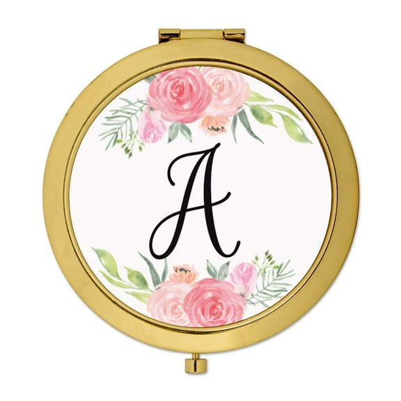 Koyal Wholesale Compact Mirror Bridesmaid's Wedding Gift, Gold, Monogram Letter A, Peach and Pink Roses, 1-Pack