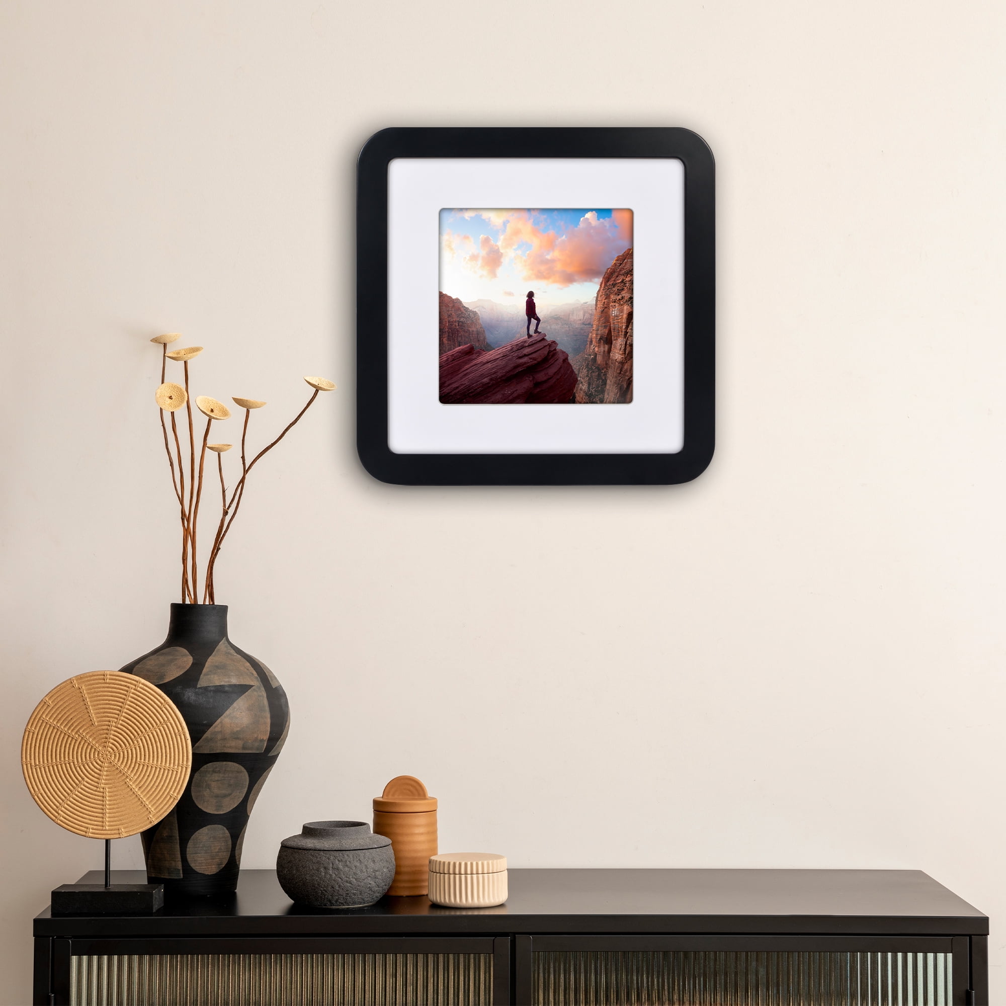 Americanflat 12x12 Picture Frame with Shatter-Resistant Glass with 8x8 Mat Round Corner Molding Mod - Black
