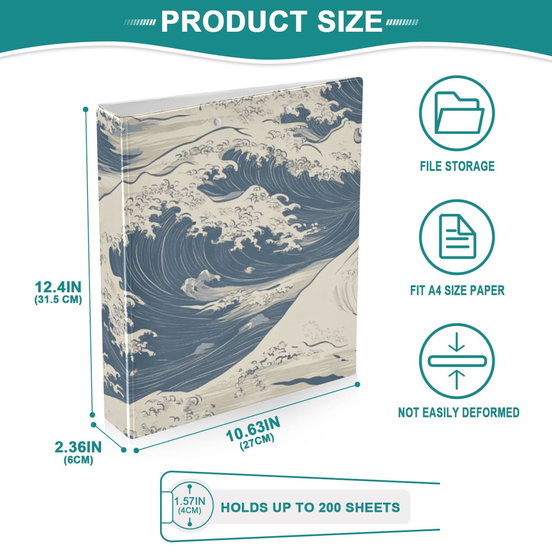 Waves Blue 3 Ring Binders 1.5 inch Hardcover File Folders with Interior Pockets A4 Size Organizer for School Office Hospital Set of 2