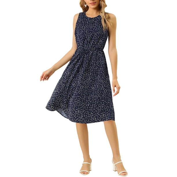 INSPIRE CHIC Vestidos Midi Florales para Mujeres Vestido Casual de Verano para Invitadas de Boda Sin Mangas M Azul Oscuro