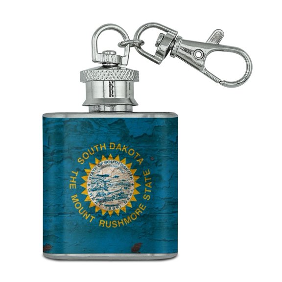 Rustic South Dakota State Flag Distressed USA Stainless Steel 1oz Mini Flask Key Chain