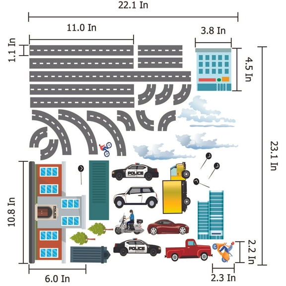 THE CITY - DIY Removable Home Police Station Vinyl Decal Sheet Kids Bedroom Adhesive Wall Decoration - Multicolored Stick And Peel City Police Station Sticker Repositionable Wall Decor 22.1" x 23.1