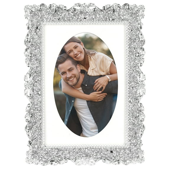 Unique Bargains Plated Picture Frame with Crystal Photo Frames Silver Oval Shape 4x6 in