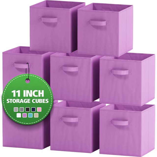 Storage Cubes - 11 Inch Cube Storage Bins (Set of 8). Fabric Cubby Organizer Baskets with Dual Handles | Foldable Closet Shelf Organization Boxes (Purple)