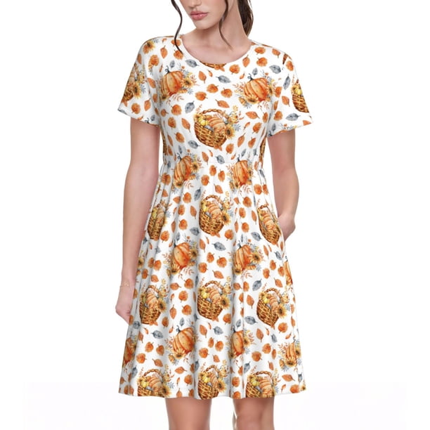 Disketp Autumn Harvest Baskets para Vestido de Manga Corta para Mujeres, Vestidos de Verano para Mujeres, Casual y Holgado para la Playa