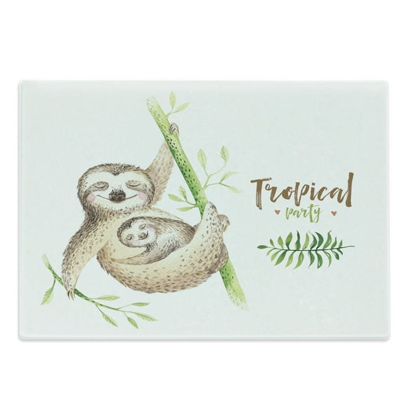 Sloth Cutting Board, Mother and Animals Family Happiness Watercolor Boho Tropical Elements, Decorative Tempered Glass Cutting and Serving Board, Large Size, Pale Brown Green, by Ambesonne