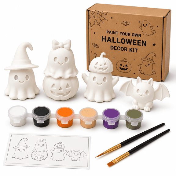 DIY Arts,Paint Your Own Halloween Figurines Kit, DIY Plaster Painting Craft Set with Ghost, Bat, Pumpkin Statues, Paint Pots & Brushes, Creative Handcraft Kit for Halloween Party & Home Decor