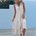 thumbnail image 4 of Vestido de Verano Sin Mangas, Holgado, Informal, con Escote en V, con y Bolsillos para Cruceros en la Playa, Color Albaricoque M, 4 of 10