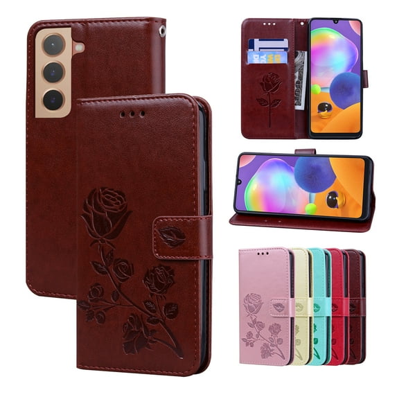Galaxy S22 Wallet Case, 3D Emboss Rose Flower PU Leather Case Card Slots Flip Folio Kickstand Soft TPU Protective Women Cover for Samsung Galaxy S22 5G 6.1 inch 2022,Brown