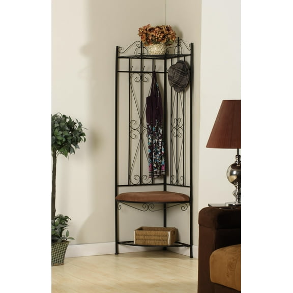 Clifland Corner Entryway Hall Tree Coat Rack With Bench, 6 Hooks, Black Metal Frame & Brown Microfiber Seat, Transitional