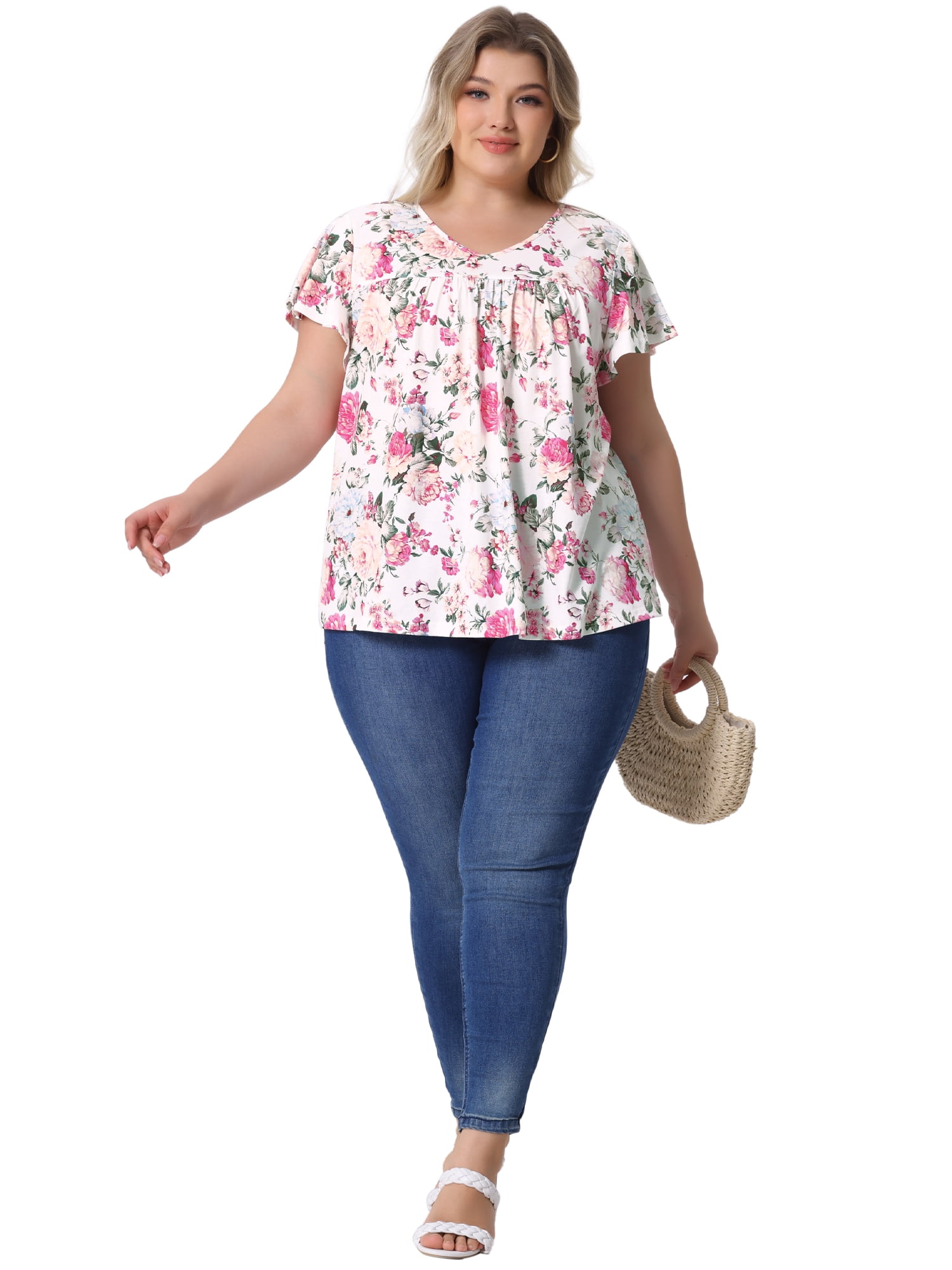 DARING DIVA Women's Plus Ruffle Boho Floral T Shirt 3X White Pink Floral