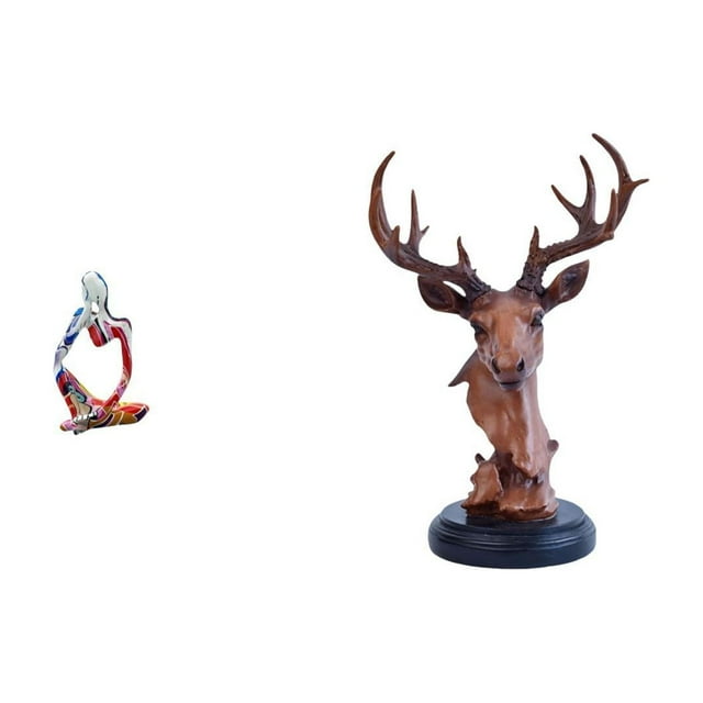 Estatua de resina de un pensador sentado. Adorno con cabeza de ciervo. Figura de animal esculpida en resina. Ideal para regalar o decorar el hogar.