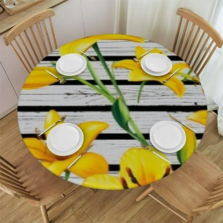 

Floral Fitted Round Tablecloth Lily Flowers Repetitive Lines Vintage Botanical Spring Theme Art