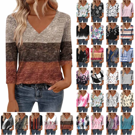 Vintage T-Shirts for Women 3/4 Sleeve V Neck Casual Blouses Loose Fit Funny Graphic Tees Ladies Oversized Tops Brown Tops,Size S-3XL