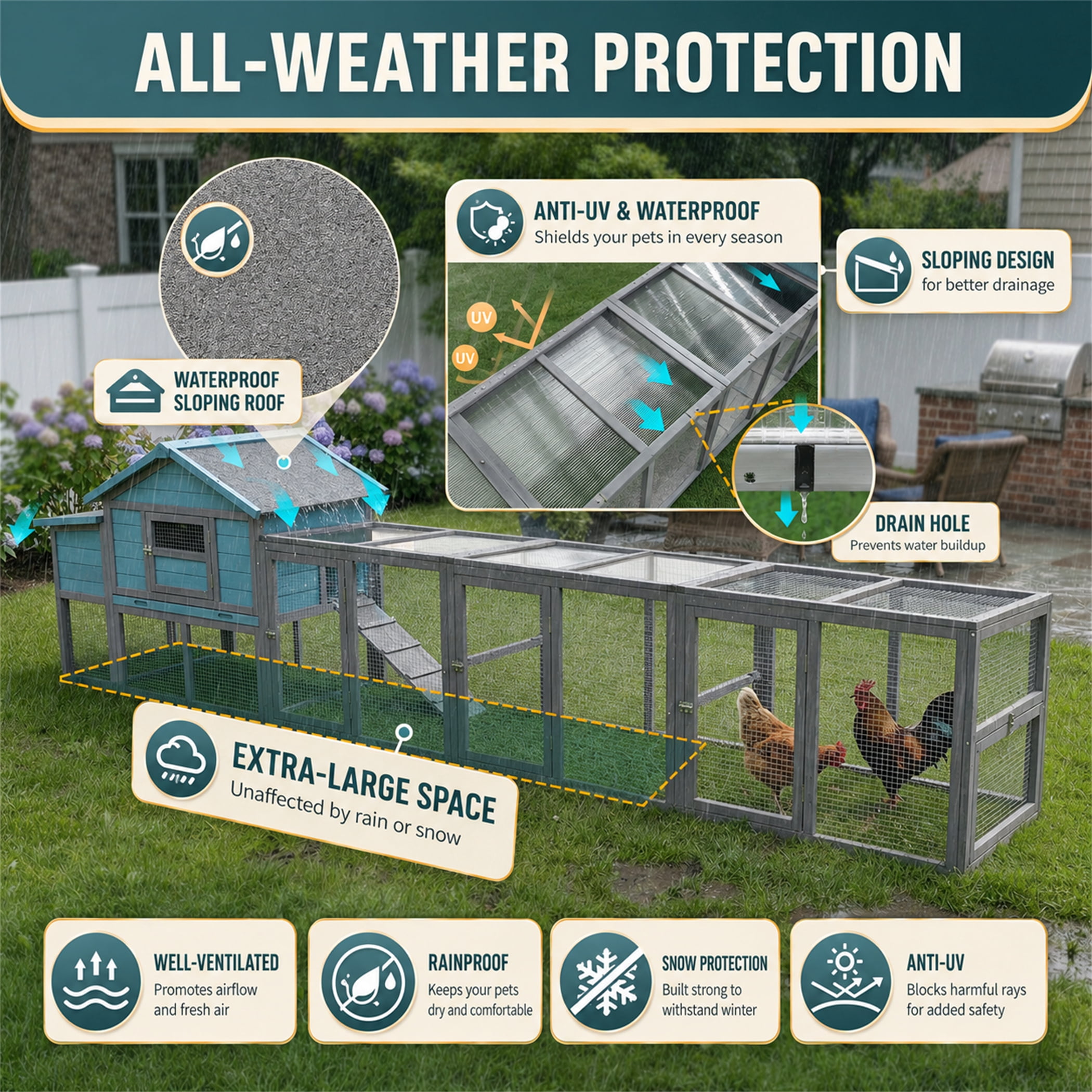 Aukfa 141" Extra Long Chicken Coop Wooden 2 Tier Chicken Run Cage with Nesting Boxes, UV Panel, Free-range Door for Outdoor, Backyard, Blue Gray