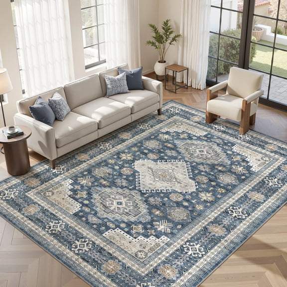 UERMEI 10'x12' Washable Area Rugs for Living Room, Modern and Vintage Non Slip Carpet, Low Pile Indoor Rug for Bedroom Home Decor Carpets, Blue