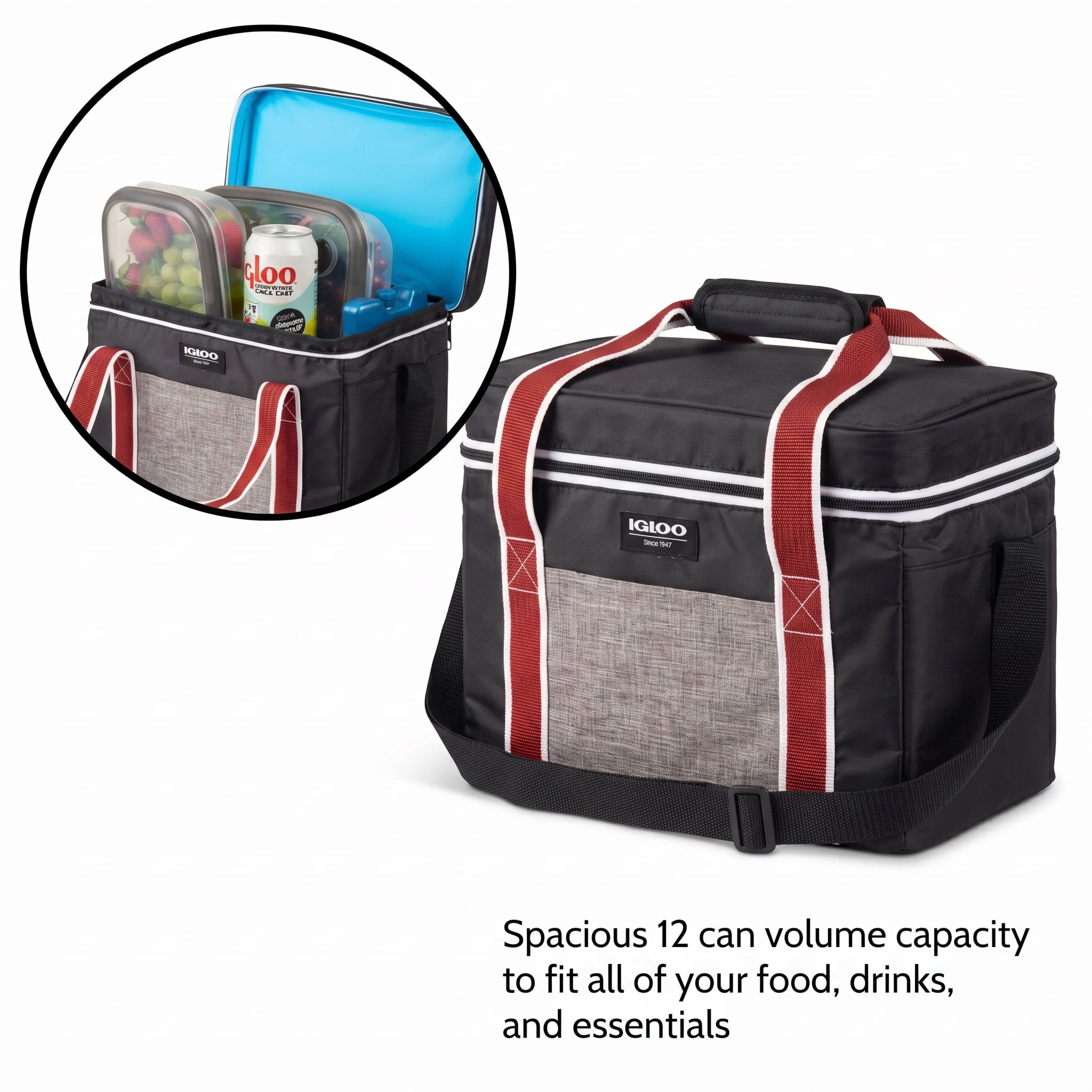Igloo Heritage Lunch Companion Cooler Bag, 12 Can Capacity, Black and Red, Soft Side Lunch Cooler for Work or Play
