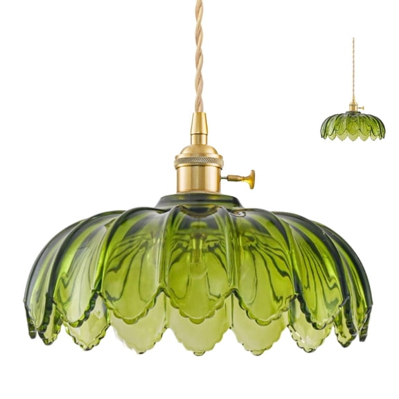 Green Glass Pendant Light for Kitchen Island, Antique Brass Hanging Lamp for Dining Room Bedroom Living Room,  Ceiling Light Fixture - E26 Base, Bulbs Not Included, Wire Not Included