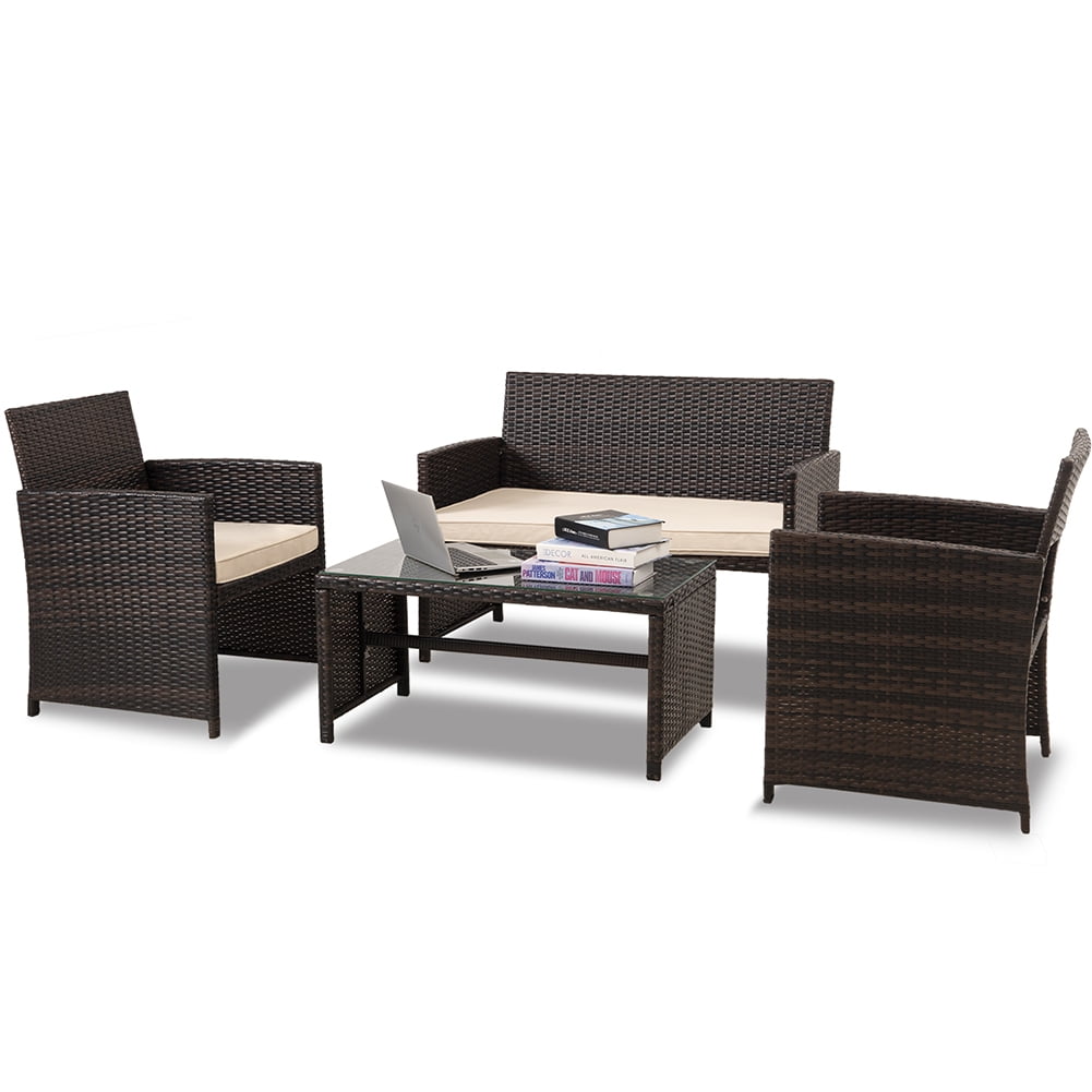 Kadyn 4 Pieces Outdoor Wicker Furniture Sets, PE Rattan Chair Patio Conversation Sets with Glass table, Soft Cushions Single chair and Double chair, Conversation Sets for Balcony, Khaki
