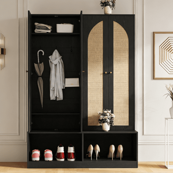 Farmhouse Hall Tree with Rattan Doors - Versatile 4-In-1 Seating Bench with 6 Hooks, Mid-Century Entryway Shoe Cabinet with Shelf for Living Room, Hallway, Mudroom, 55.1"W