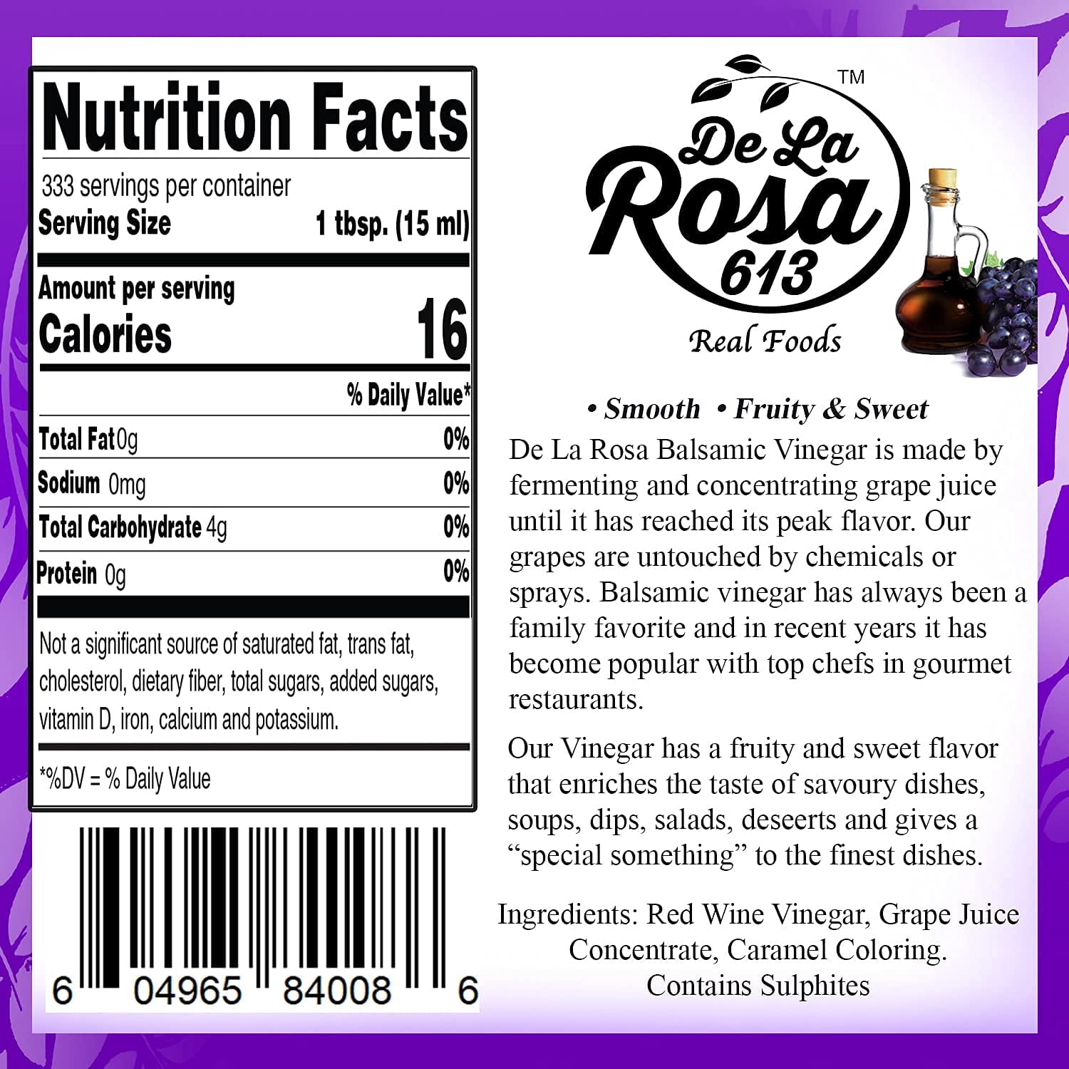 De La Rosa 613 Dark Balsamic Vinegar, Vegan, Kosher & Gluten-Free, 5 Liter (Pack of 1)