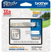 Genuine Brother 1/2" (12mm) Gold on Satin Silver TZe P-touch Tape for Brother ST-5, ST5 Label Maker
