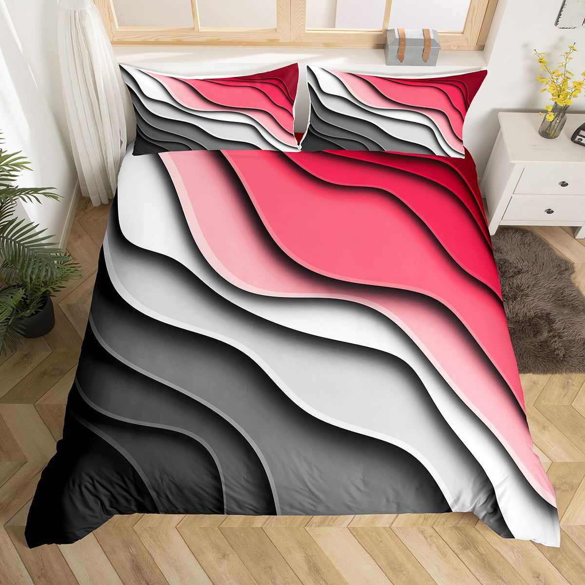 YST Coastline Beach Bedding Sets King Sea Comforter Cover, Abstract Art Bed Set Gray Black Pink