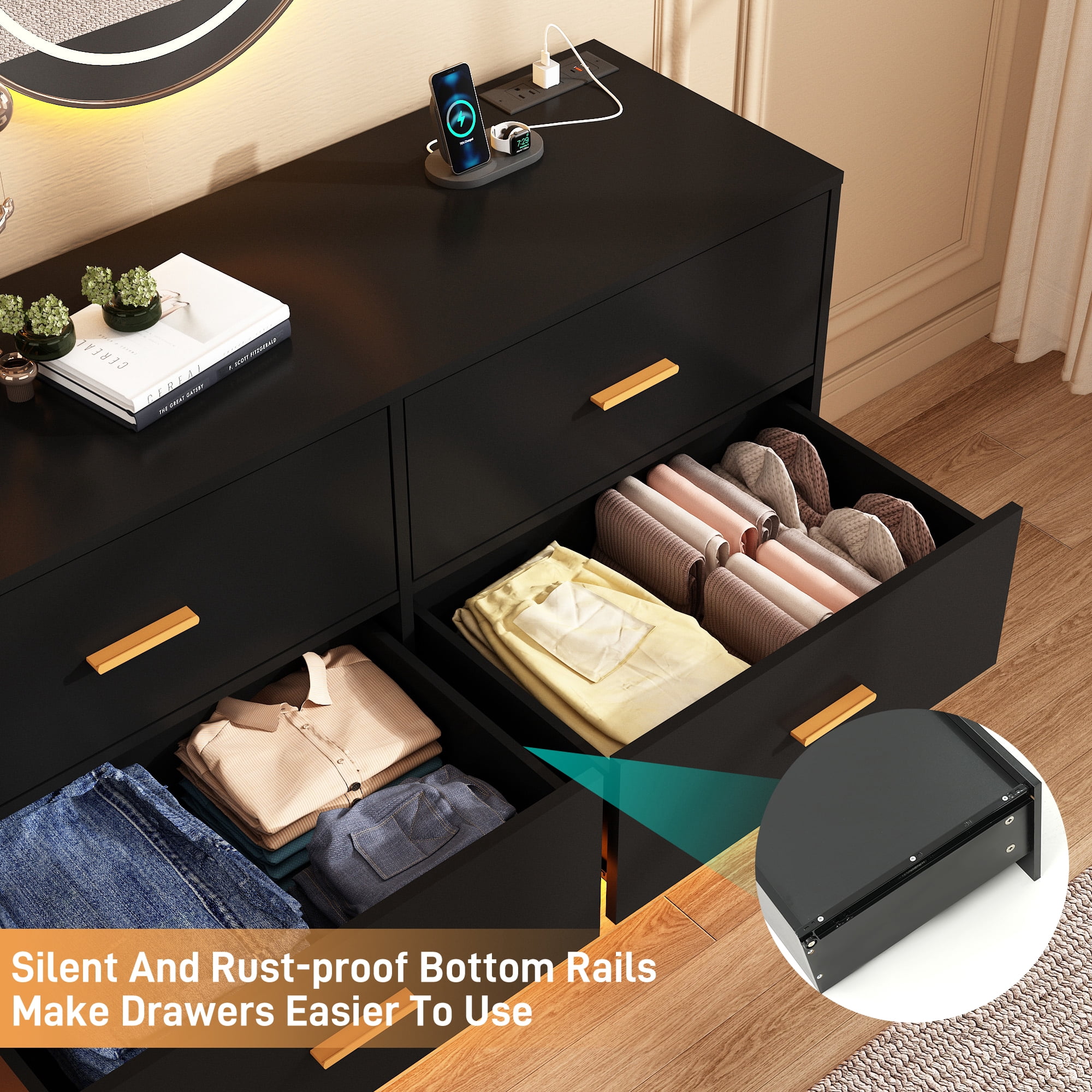 ChVans 6 Drawer Dressers with 60000-color LED Lights & Power Outlet, 47'' Modern Chest of Drawers for Closet, Wide Drawer Organizer Cabinet for Bedroom, Living Room, Entryway, Hallway