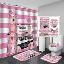 4PCS Fashion Shower Curtain Sets with Rugs, Waterproof Fabric Shower Curtain, Inspirational Quotes Magazines Pink Floral Perfume Makeup Modern Black and White Striped Girl Woman Bathroom Decor
