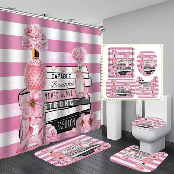 4PCS Fashion Shower Curtain Sets with Rugs, Waterproof Fabric Shower Curtain, Inspirational Quotes Magazines Pink Floral Perfume Makeup Modern Black and White Striped Girl Woman Bathroom Decor