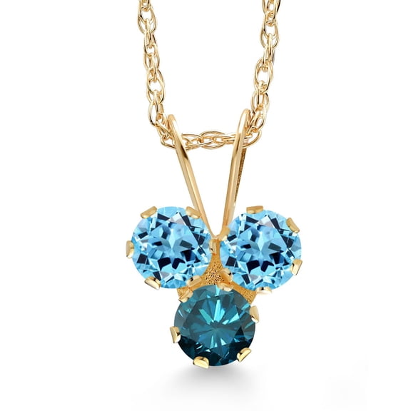 Gem Stone King 14K Yellow Gold Swiss Blue Topaz and Blue Diamond 3-Stone Pendant Necklace for Women (0.40 Cttw, Gemstone November Birthstone, Round 3MM, 18 inch Chain)