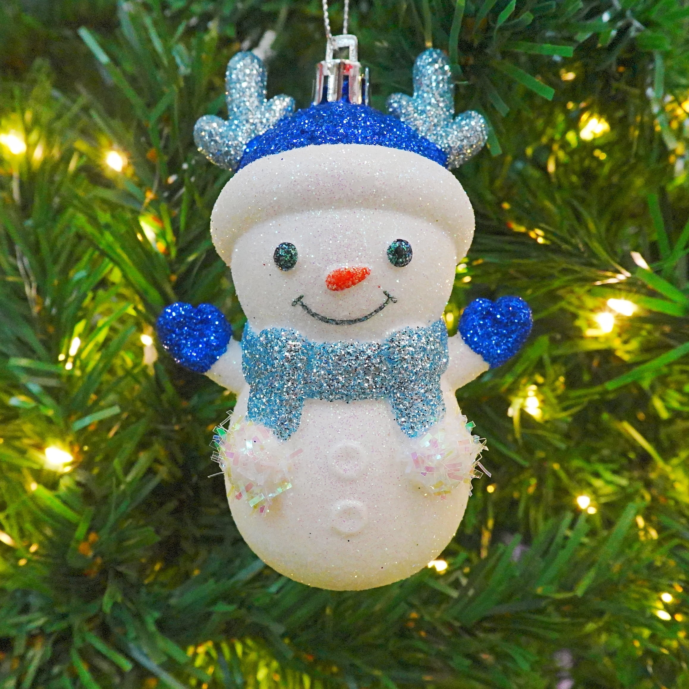 Blue and White Glitter Snowman with Antlers Christmas Ornament, 4.3", by Holiday Time