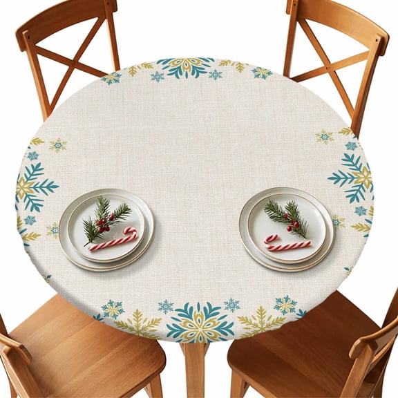 Christmas Round Tablecloth Golden Snowflake Tablecloths with Elastic Edge Fitted Winter Snow Linen Table Cover,Waterproof Oil Proof for Dinner,Outdoor, Picnic, Party Fits 55"- 60" Diameter