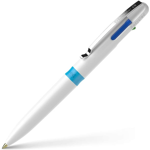 Schneider Take 4 stylos à bille multicolores (4 couleurs, recharges  remplaçables, plastique recyclé) blanc/bleu clair, paquet 