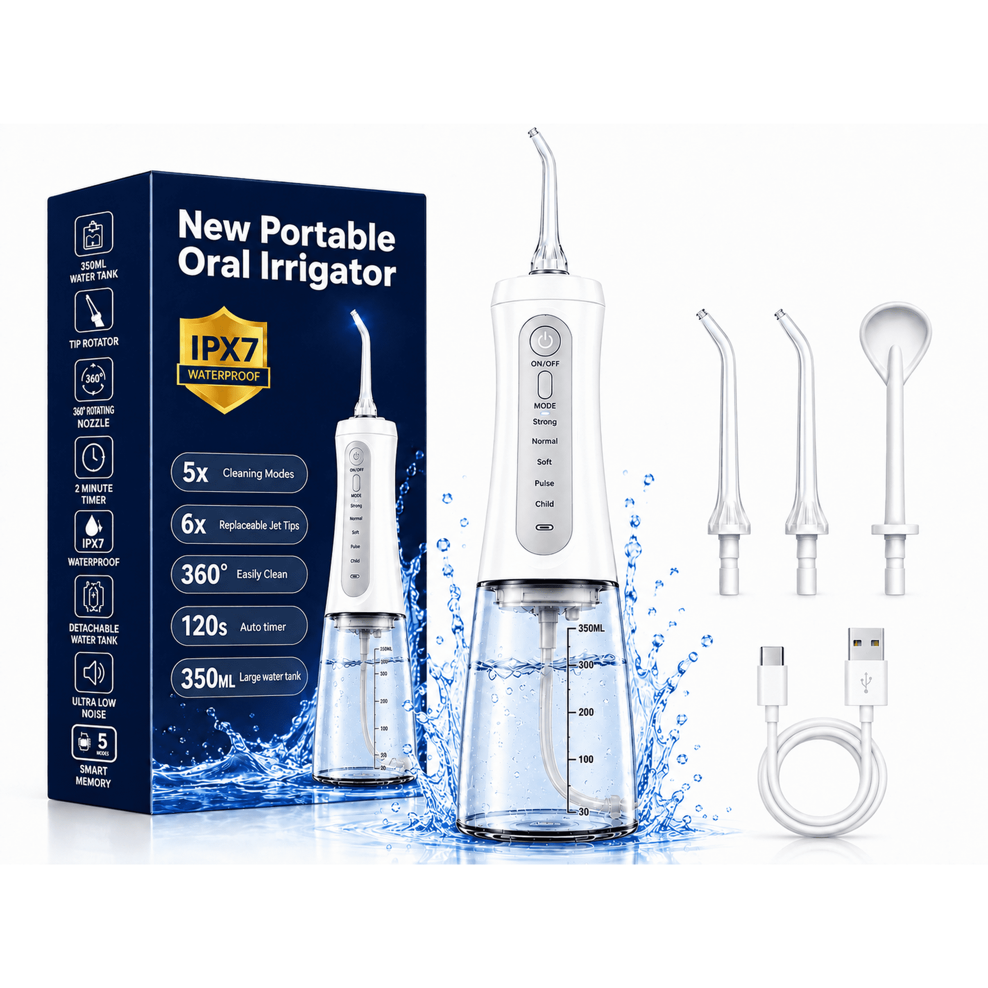 Cordless Water Flosser for Teeth, 350mL Portable Oral Irrigator with 5 Cleaning Modes, 30-150 PSI, 6 Jet Tips, IPX7 Waterproof, USB-C Rechargeable