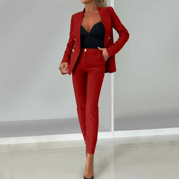 Women's 2 Piece Elegant Suits Business Casual Outfits Long Sleeve Blazer with Pants Dressy Pantsuits Office Work Sets Red S