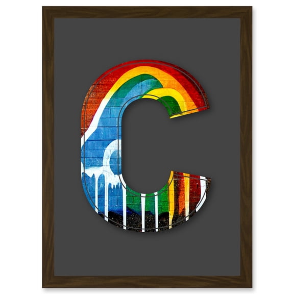 Letter C Rainbow Red Yellow Blue Green Decorative Graffiti Mural Alphabet Initial Stencil Artwork Framed Wall Art Print A4