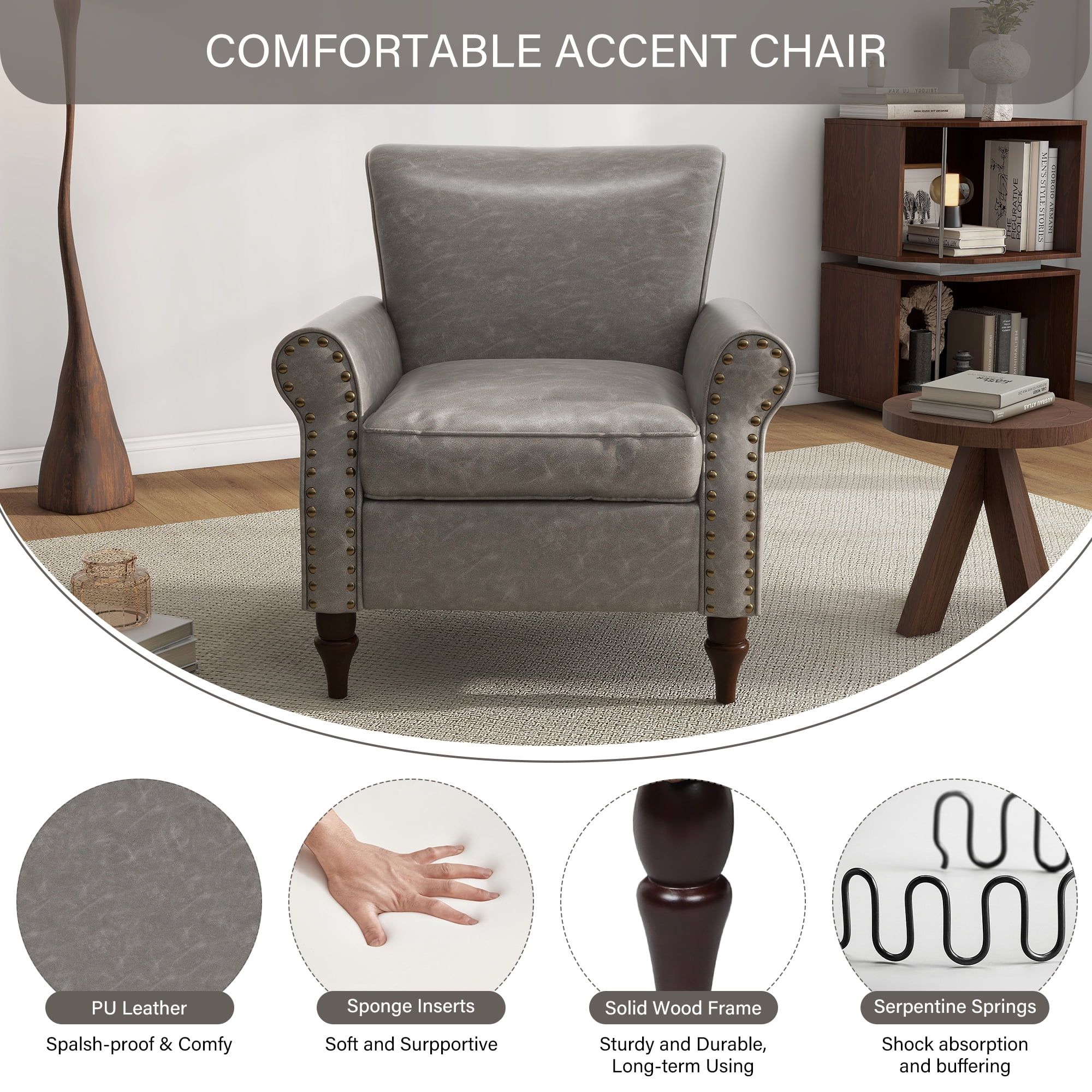 DREAMSIDEA Faux Leather Accent Chair for Living Room Upholstered Armchair Morden Comfy Living Room Single Reading Chair, Gray