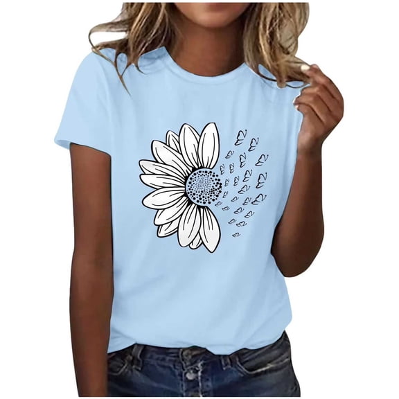 OGLCCG Graphic Tees for Women Sunflower Print Crewneck Short Sleeve T Shirt Casual Lightweight Summer Beach Vacation Tops,XXL,Light Blue
