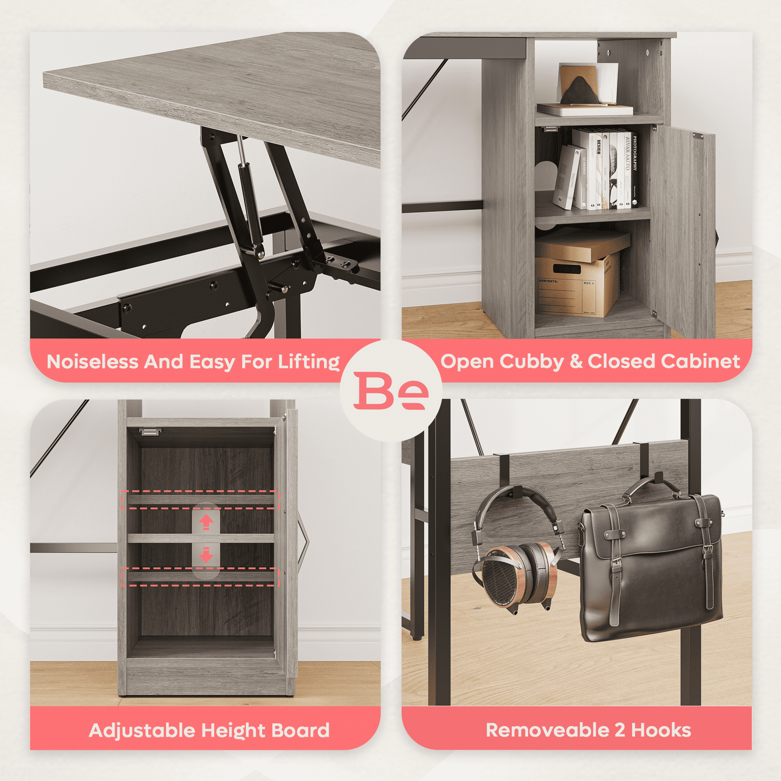Bestier Versatile 60 Inch L-Shaped Standing Desk, Lift Top Corner Desk Extending to 95 Inches with Storage Cabinet and Hooks for Home Office, Washed Gray