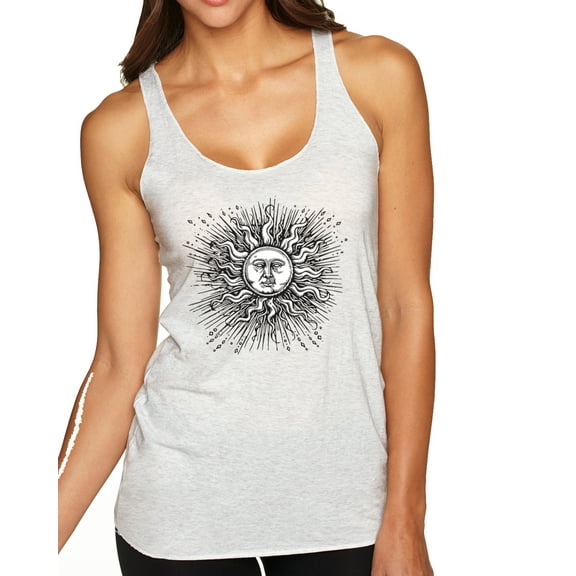 Wild Bobby Radiating Sun Puff Print Fashion Tri-Blend Racerback Tank Top, Heather White, X-Large