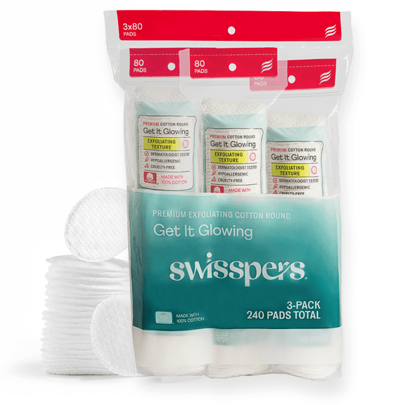 Swisspers Premium Exfoliating Cotton Rounds, Dermatologist Tested, 100% Chlorine Free, Vegan & Cruelty-Free, 240 Pads