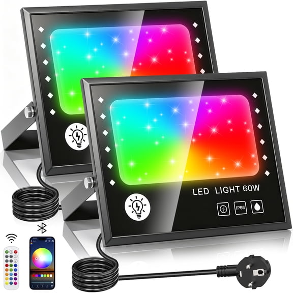 Ouside 2 pack 60W RGB LED Floodlights, with Remote Control Bluetooth App,Smart RGB Lights Colored 16 Million Colors,Timing, IP66 Waterproof Outdoor Floodlight, 6000 LM, 2700K