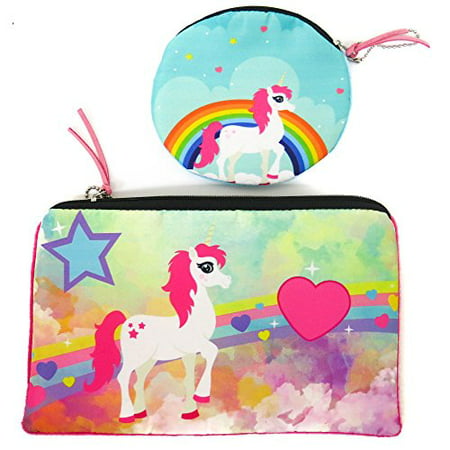Unicorn Makeup Bag/Pencil Case Pouch + Coin Purse for Women Girls Teens Kids Tween 2 PCs Set - Portable Cosmetic Multi-functional Travel Toiletry Zipper Handbag with Round Cute Wallet
